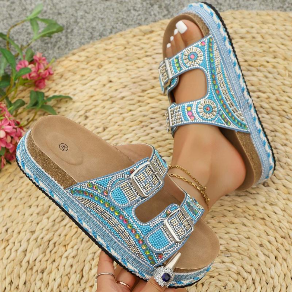Boho Crystal Cork Slides – Bold. Beaded. Unforgettable