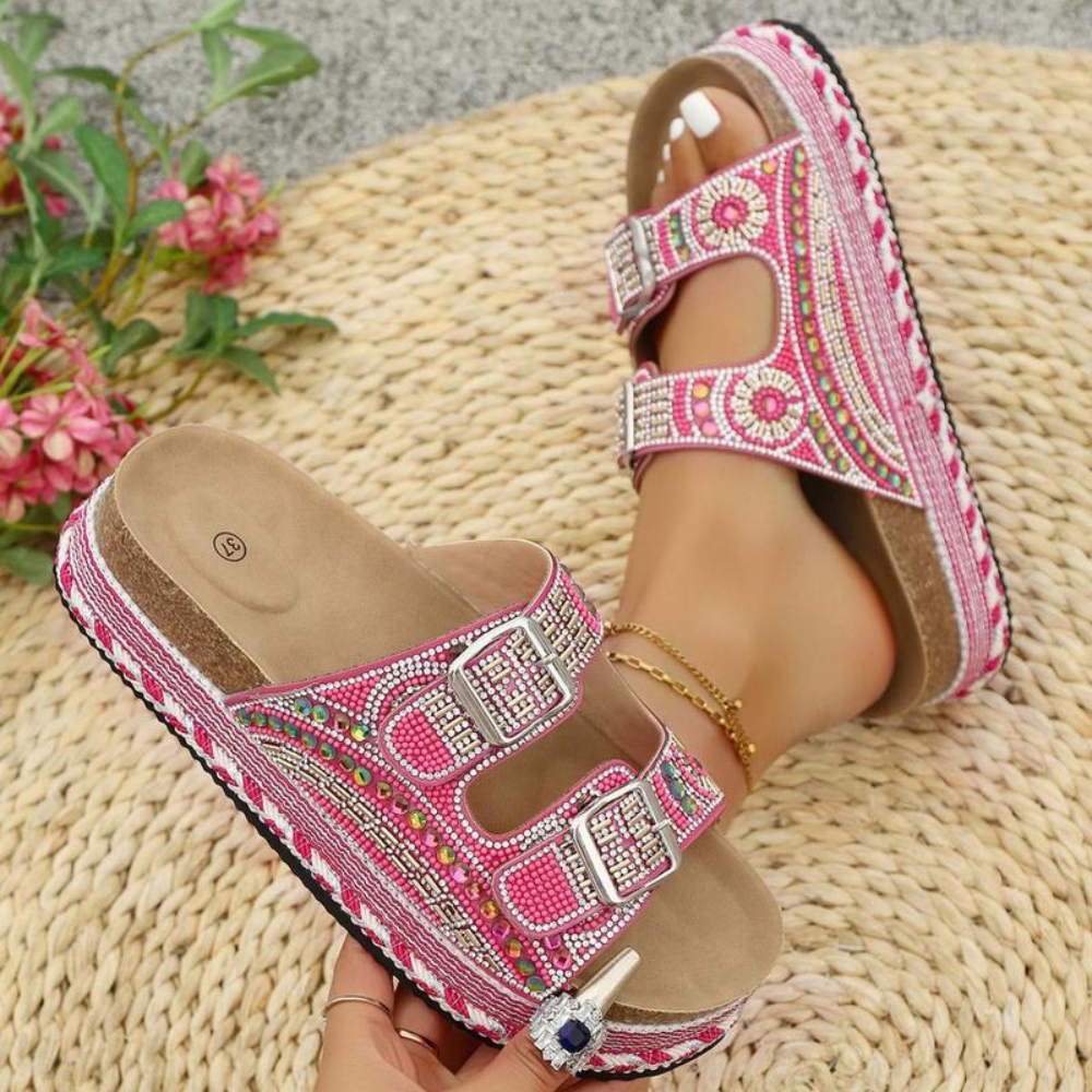 Boho Crystal Cork Slides – Bold. Beaded. Unforgettable