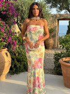 Vestido Largo Strapless Floral Acuarela