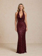 Vestido largo de lentejuelas con escote halter