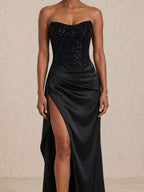 Vestido largo con cuerpo de lentejuelas