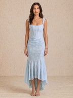 Vestido midi con drapeado y escote cuadrado