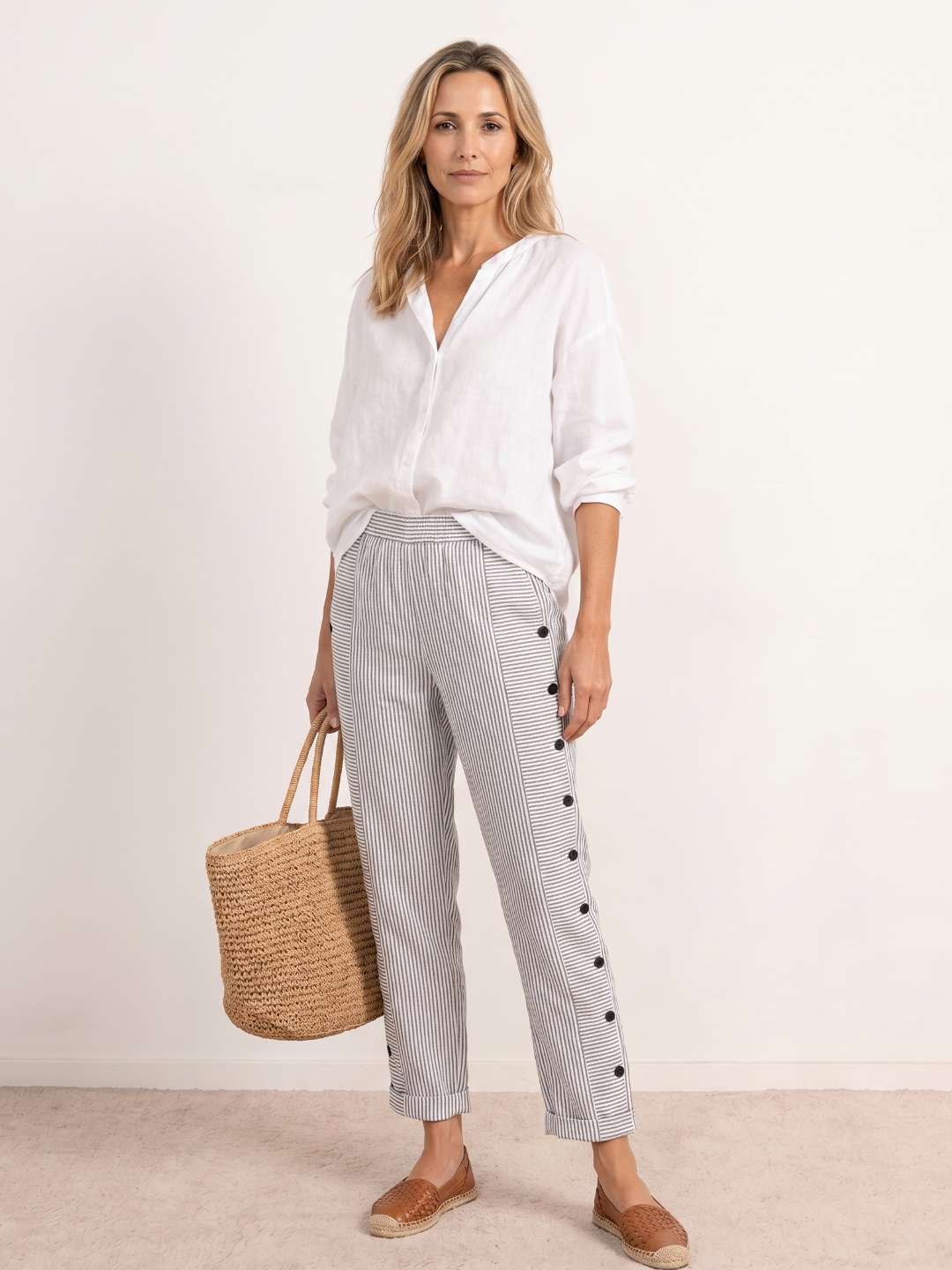 Pantalón recto de rayas con botones laterales